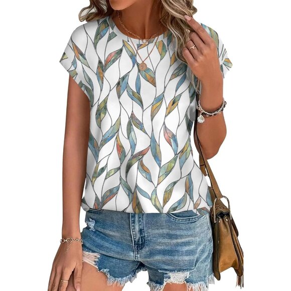 Tops - Womens Short Sleeve Blouse Casual Chic Curved Hem for Spring Summer